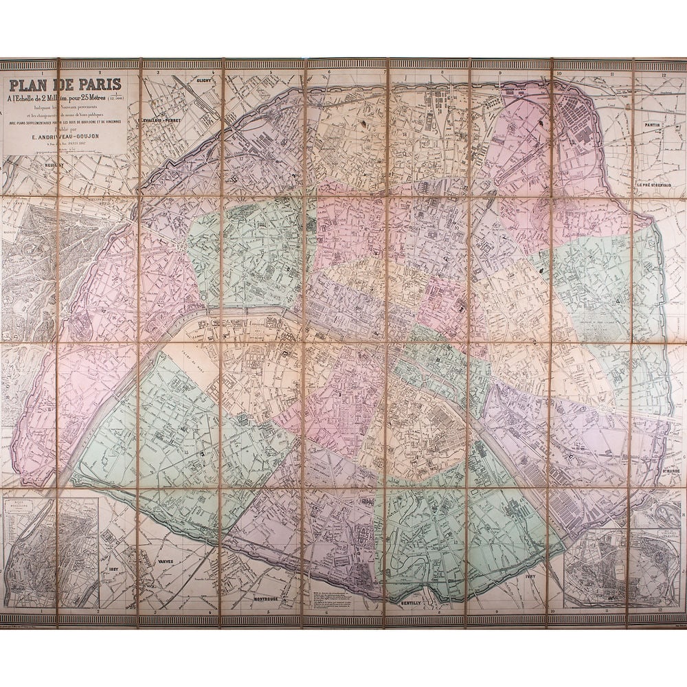 1882 Andriveau Goujon Folding Wall Map of Paris, France: This is a beautiful map of Paris created by Andriveau-Goujon’ with their distinctive pastel coloring to show the expansion works of . It was published in 1882 , Paris is divided into twenty area