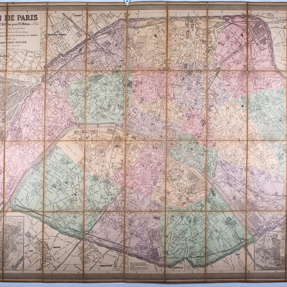 1882 Andriveau Goujon Folding Wall Map of Paris, France - 2