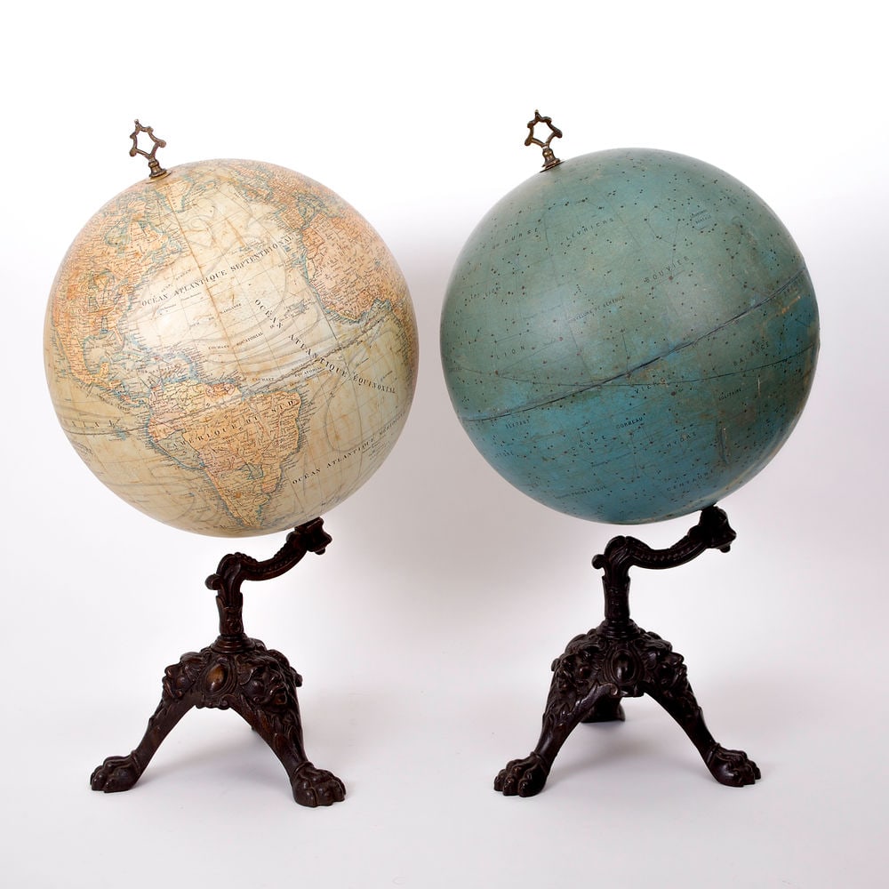1880 LEBEGUE 14" Pair FRENCH TERRESTRIAL GLOBE with Celestial globe ANTIQUE: Lebegue pair of terrestrial globe and a clestial globe with cast iron base with face in the manner of Violet Leduc . Those 14 inches French globe have "Lebegue and Cie " on their tag , Paris (J. LEBEG