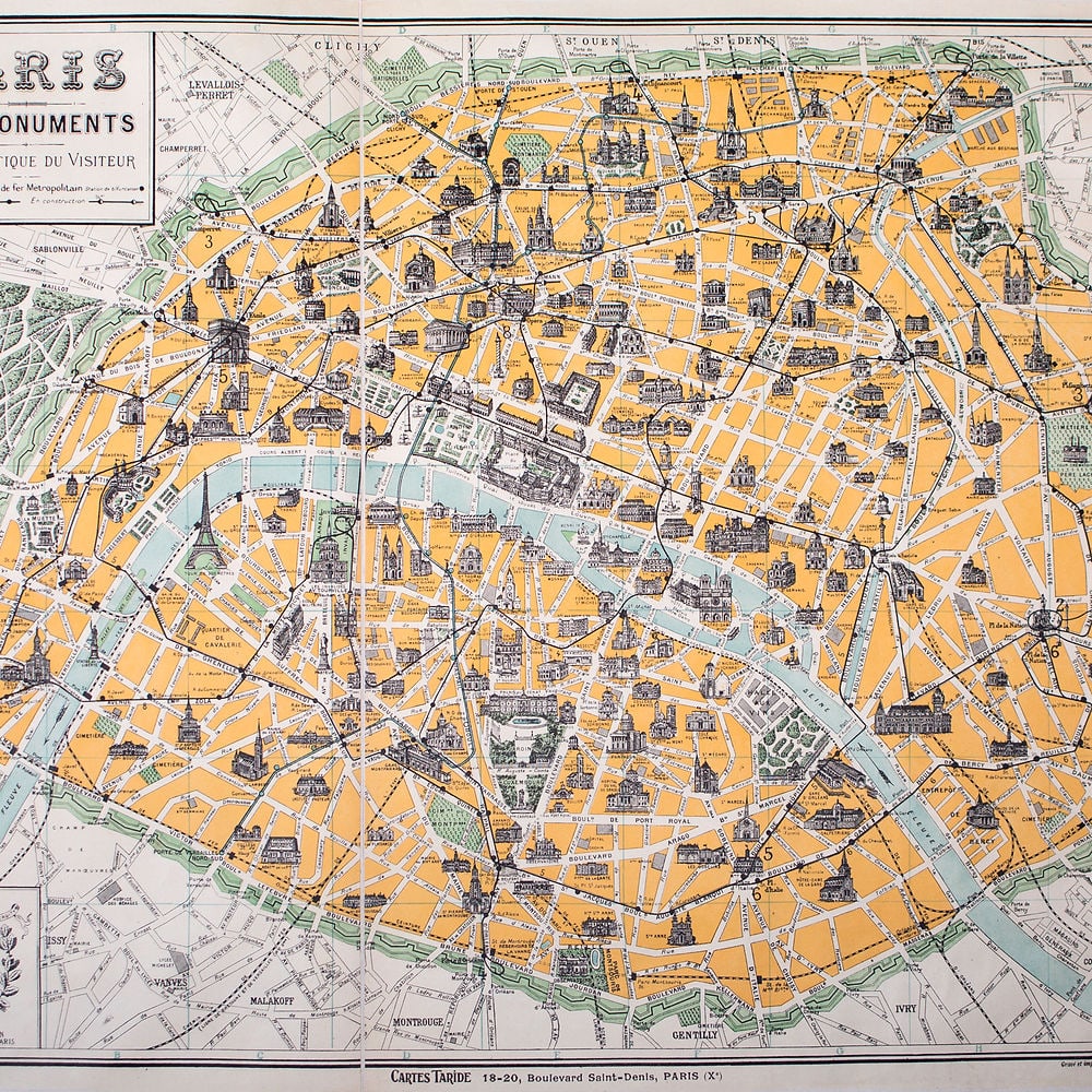 Paris monuments touristic map 1920 Taride linen backing: Paris monument touristic map edited by Taride circa 1920 , The Taride publishing house was created in 1852 by Alphonse Taride who was one of the first to make road, tourist and school maps and a plan 