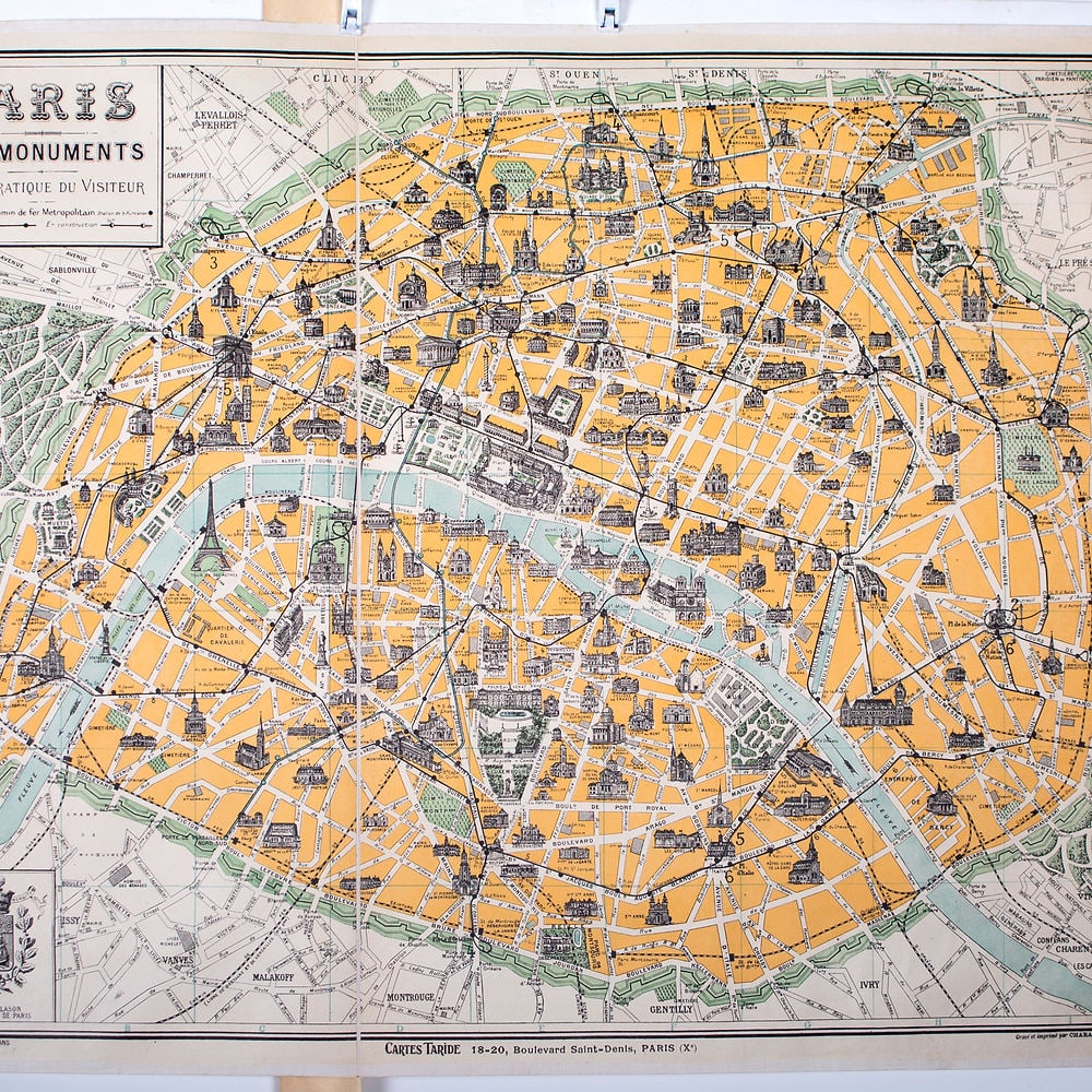 Paris monuments touristic map 1920 Taride linen backing - 2