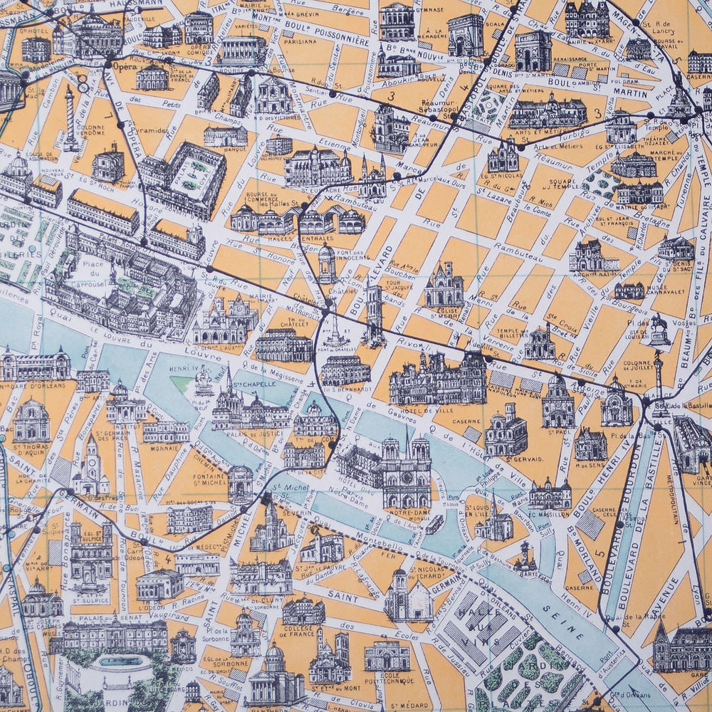 Paris monuments touristic map 1920 Taride linen backing - 3