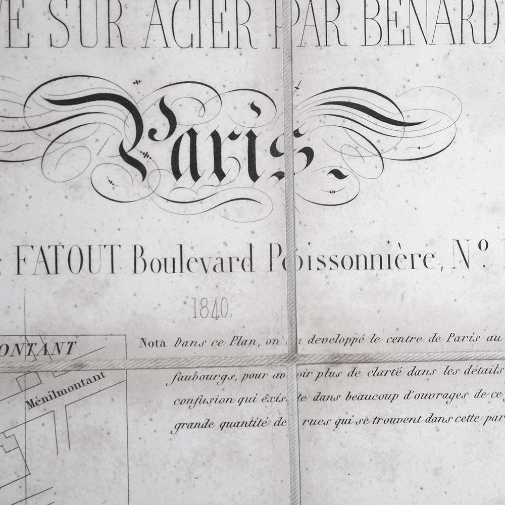 1840 LARGE FRENCH ANTIQUE MAP OF PARIS Fatout Vuillemin on linen backi - 2