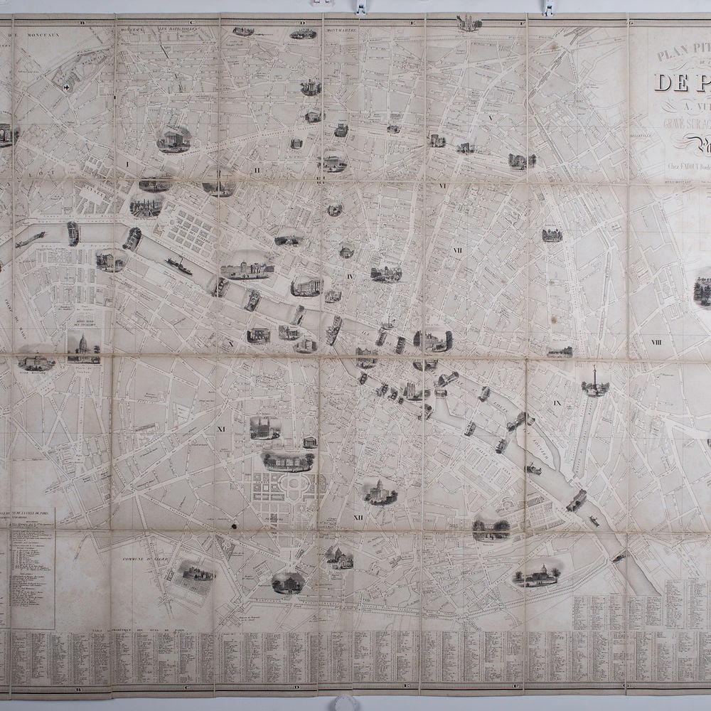 1840 LARGE FRENCH ANTIQUE MAP OF PARIS Fatout Vuillemin on linen backi - 3