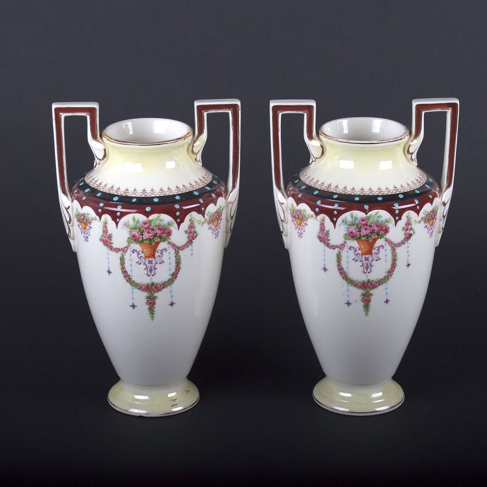 CHARLES CATTEAU BOCH FRERES art deco ceramics vase sevres: CHARLES CATTEAU (1880-1966) & BOCH FRERES art deco ceramics vase sevres ,Pair of porcelain vases ," urne " in the style of Sevre .Gold applied with some enamel marking and decal flowers .Those are a t