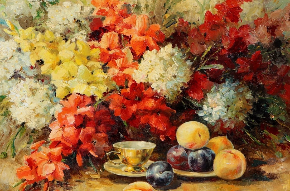 EVA MAKK Original oil painting Still Life with Flowers, Fruit and Cup - 3