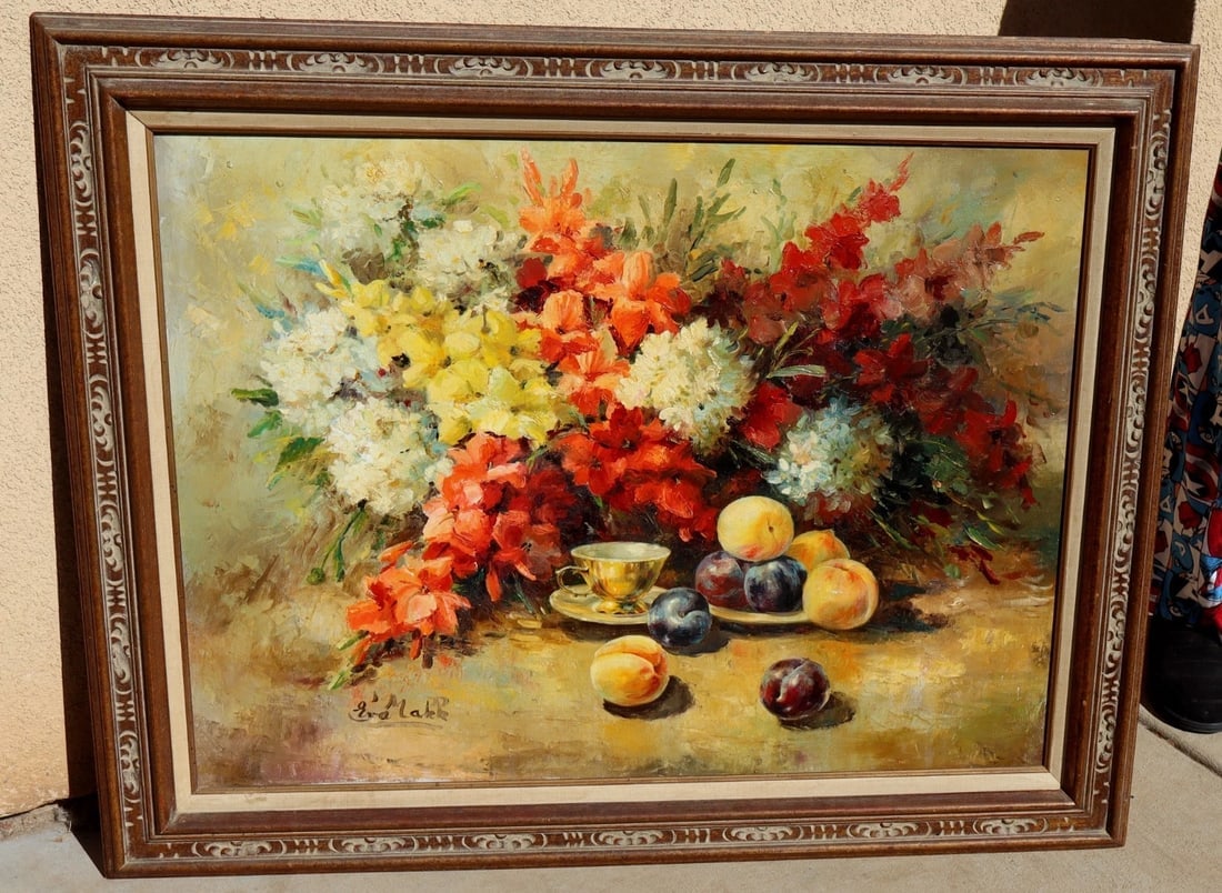 EVA MAKK Original oil painting Still Life with Flowers, Fruit and Cup - 7