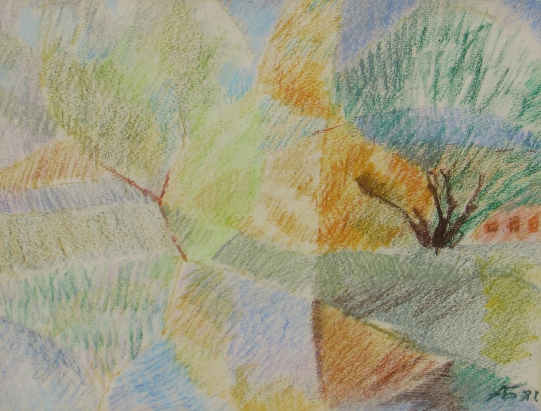 Mystery Russian Artist Futurist Pastel Landscape with Trees - 3