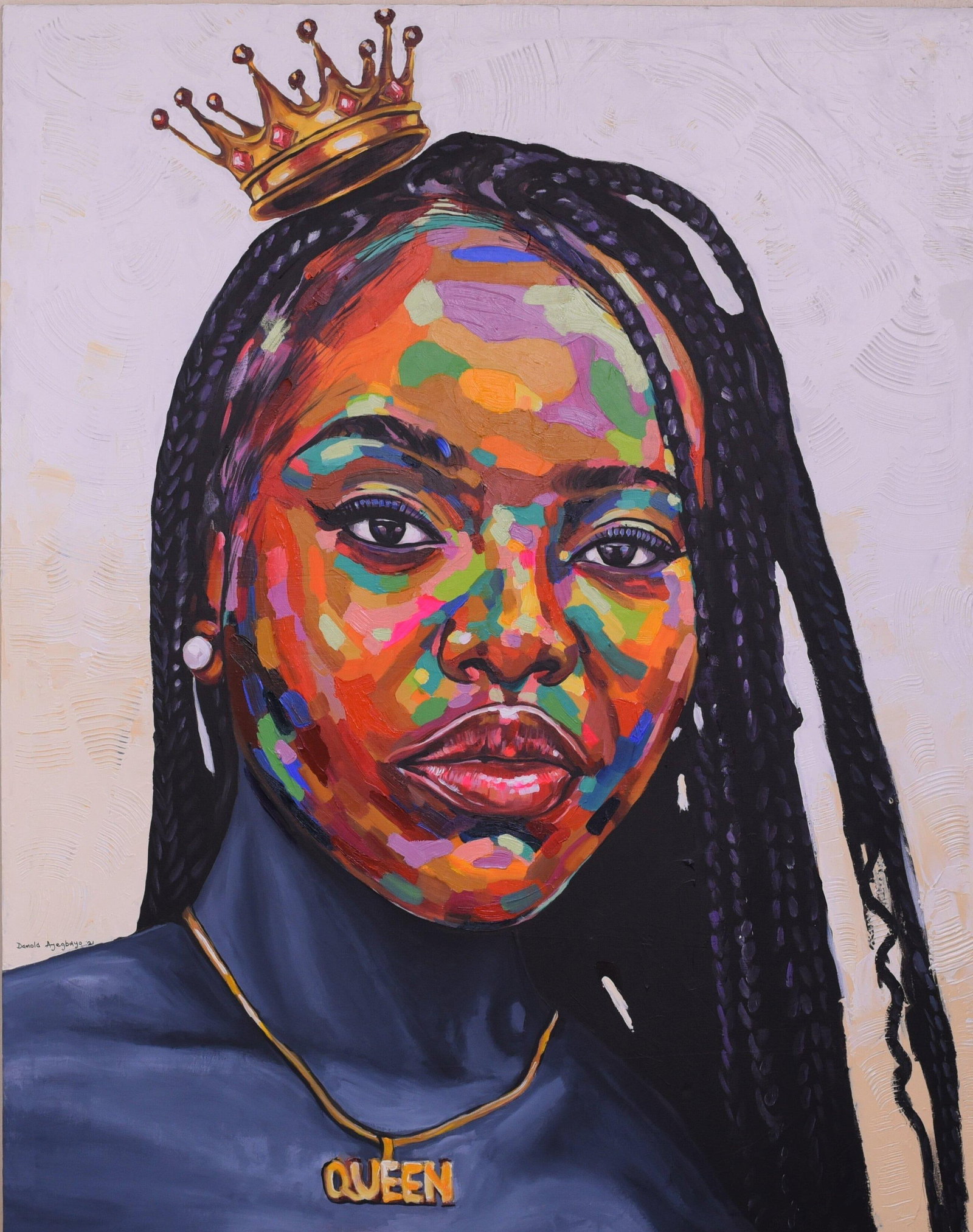 Damola Ayegbayo , Feminine Royalty - 21st Century, Contemporary, Figurative Portrait, Women Beauty,: Creator: Damola Ayegbayo (1987, Nigerian) Creation Year: 2021 Dimensions: Height: 48 in (121.92 cm)Width: 36 in (91.44 cm)Depth: 2 in (5.08 cm) Medium: Canvas,Acrylic Movement & Style: Contemporary
