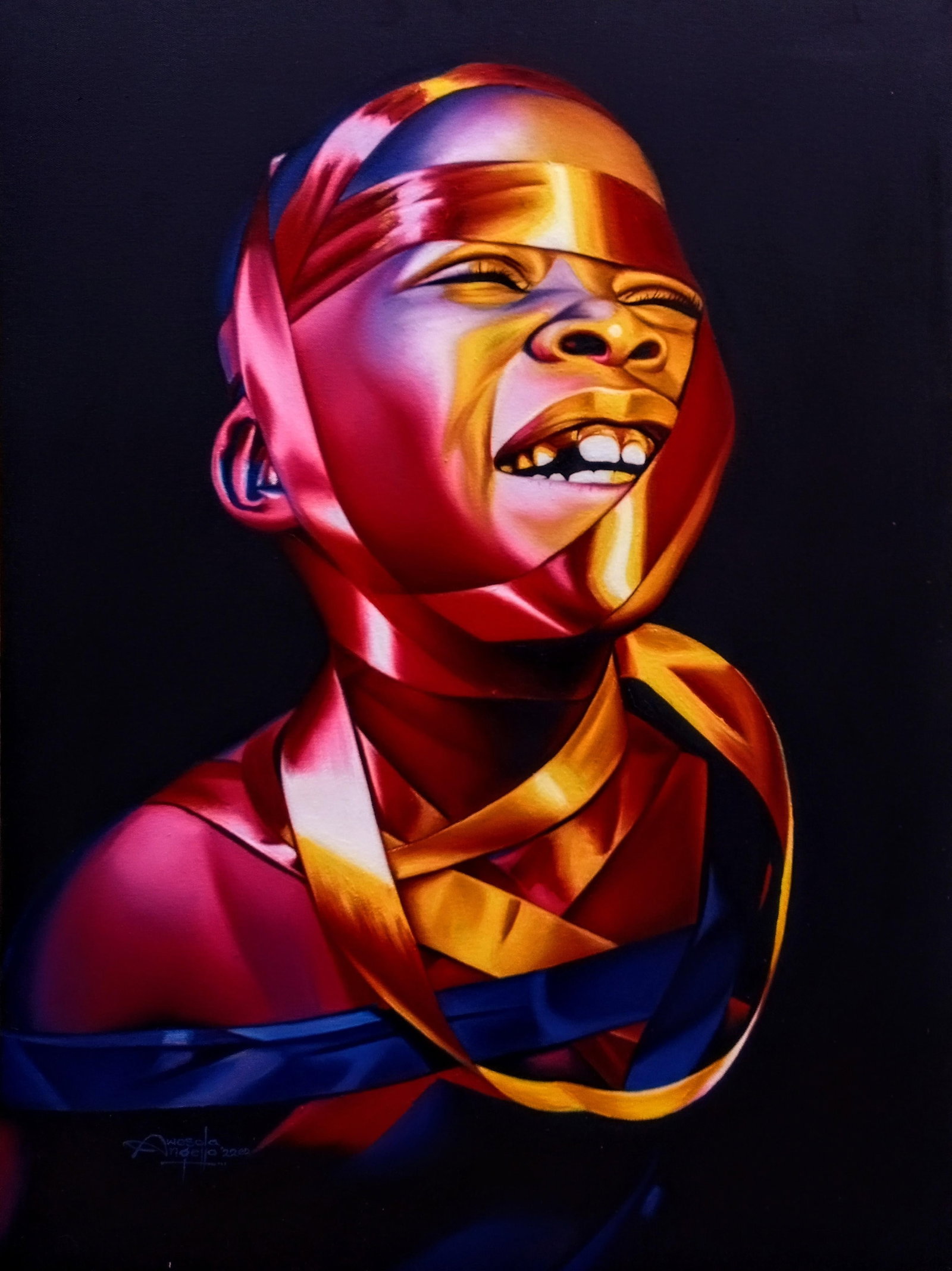 Awosola Michael Angello, Endeared Without A Price 1 - 21st Century, Contemporary, Figurative, Smile,: Creator: Awosola Michael Angello (1992, Nigerian) Creation Year: 2022 Dimensions: Height: 40 in (101.6 cm)Width: 30 in (76.2 cm)Depth: 1 in (2.54 cm) Medium: Canvas,Oil Movement & Style: Contemporary