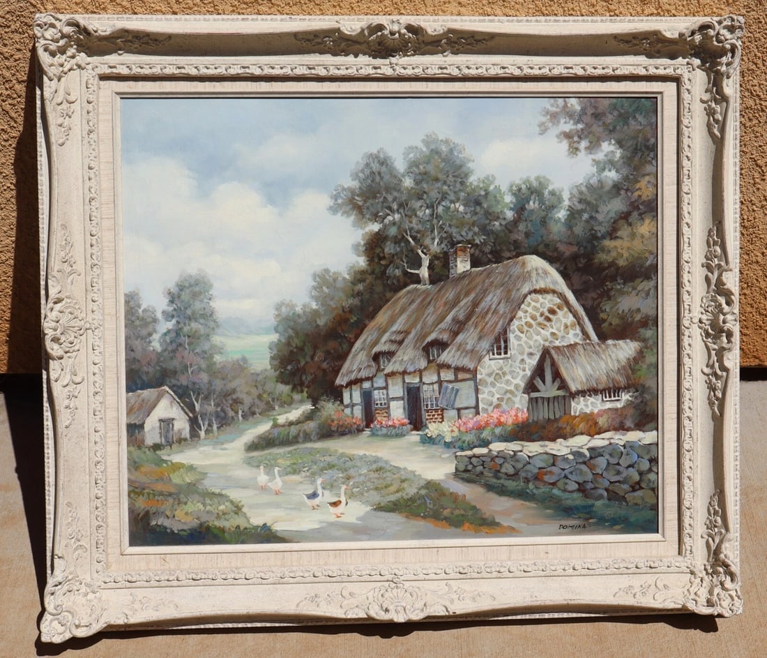 DOMINA Ducks by an English Thatched Cottage in the Country Vintage oil painting - 2