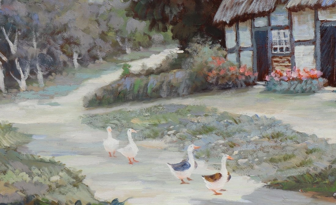 DOMINA Ducks by an English Thatched Cottage in the Country Vintage oil painting - 5