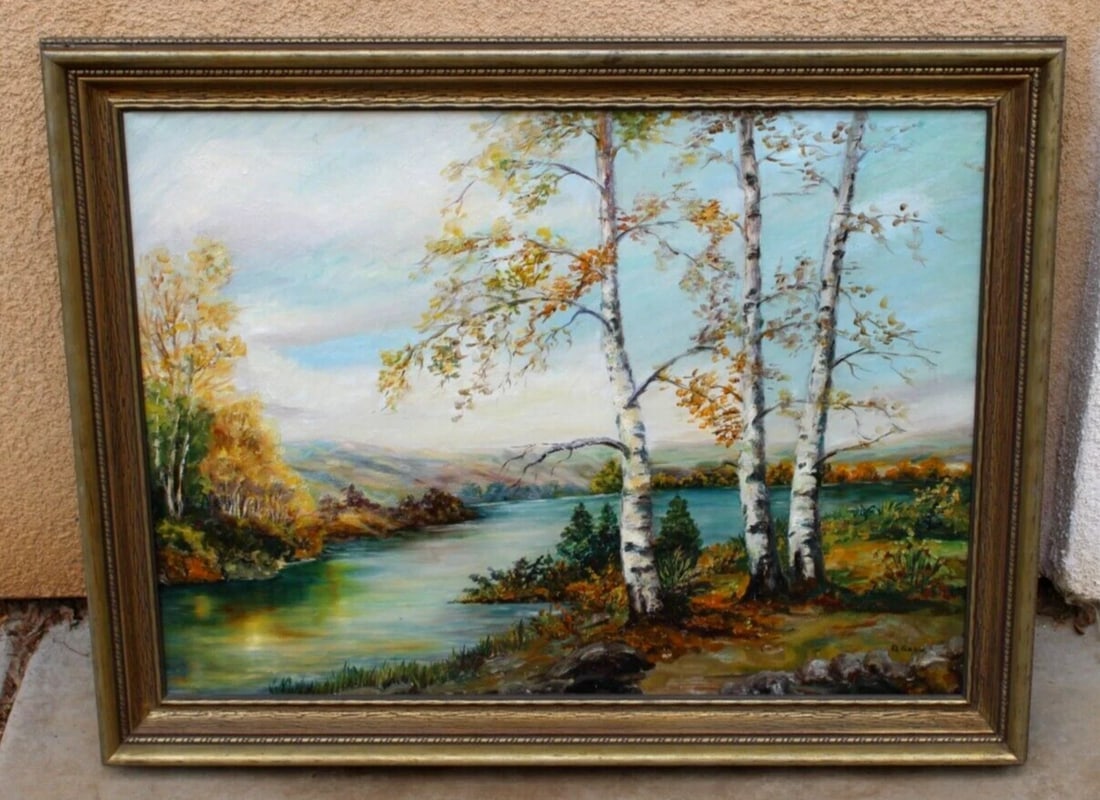 D. GABLE Ohio Artist Mid Century Landscape with Birch Trees & Winding River oil - 2