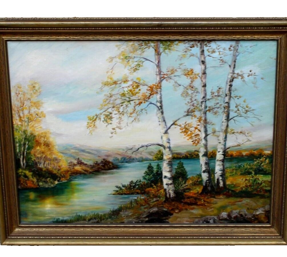 D. GABLE Ohio Artist Mid Century Landscape with Birch Trees & Winding River oil - 3