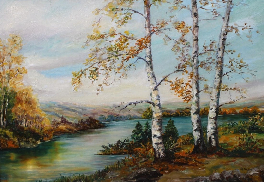 D. GABLE Ohio Artist Mid Century Landscape with Birch Trees & Winding River oil - 4