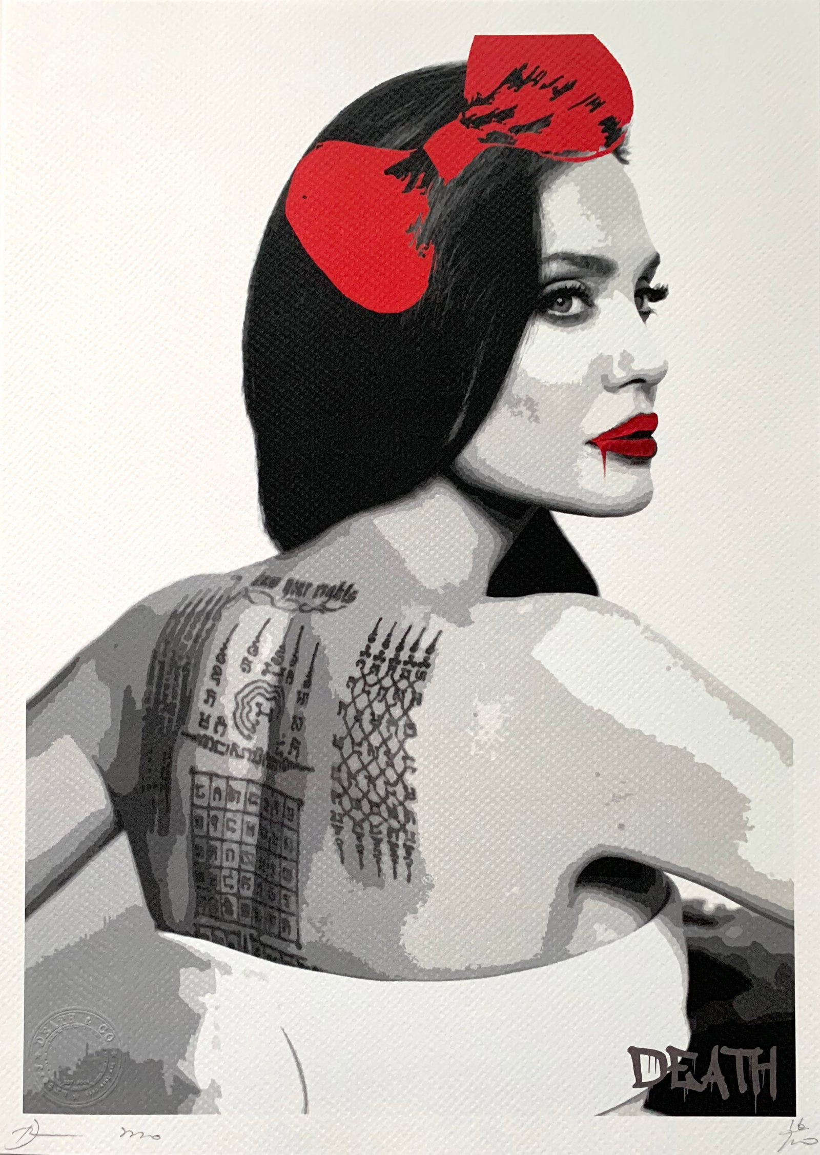 Death NYC Angelina Jolie: Title:Death NYC Angelina Jolie Date/Period:21st Century Materials:Giclee on Fine art 300 gsm paper Size:17 3/4 x 12 1/2 inches Description:Artist: Death NYC, limited edition giclee on paper, out of ed