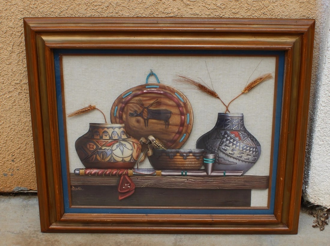 Native American Mixed Media & Collage with 3d Vases, etc. Signed Olio - 3
