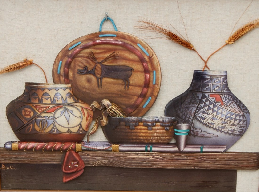 Native American Mixed Media & Collage with 3d Vases, etc. Signed Olio - 4