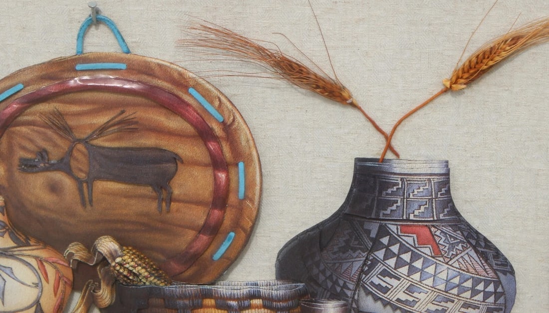 Native American Mixed Media & Collage with 3d Vases, etc. Signed Olio - 5