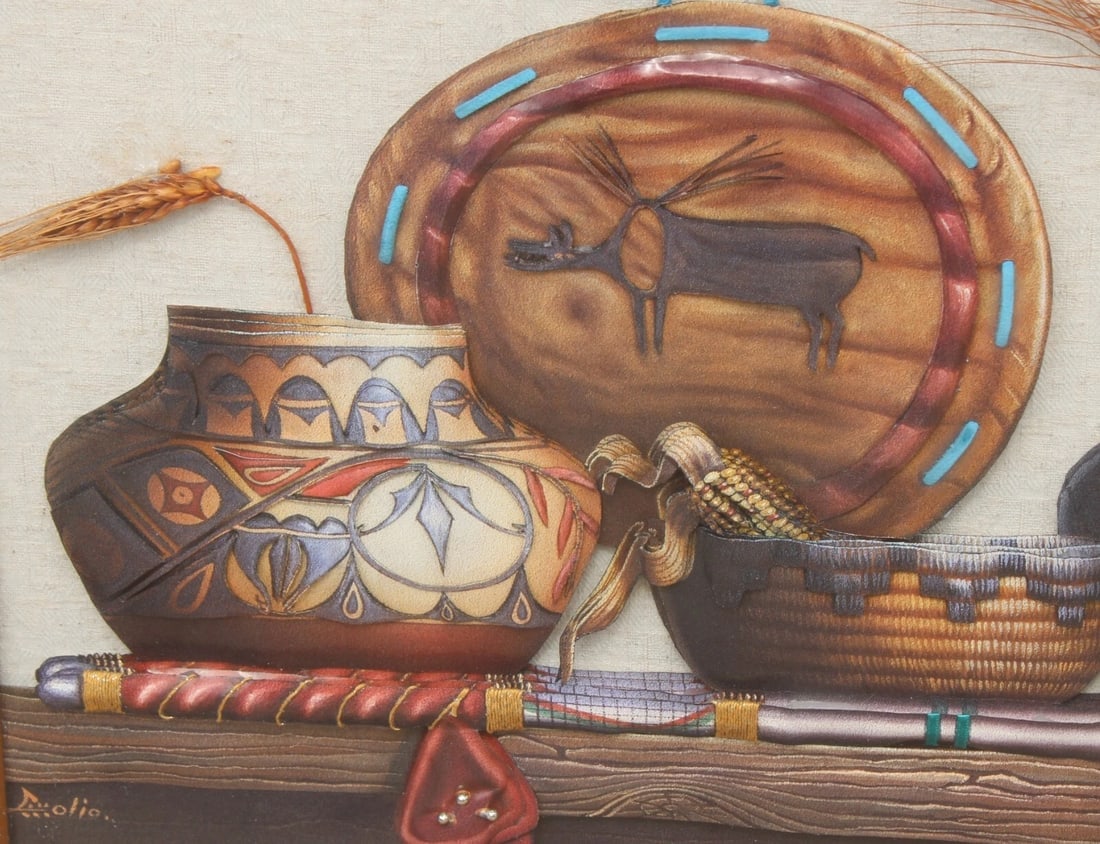Native American Mixed Media & Collage with 3d Vases, etc. Signed Olio - 6