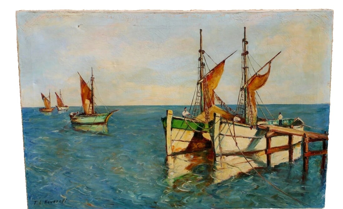 T.L. NOVARETTI Italian Fishing Boats Circa 1940s/1950s oil painting - 2
