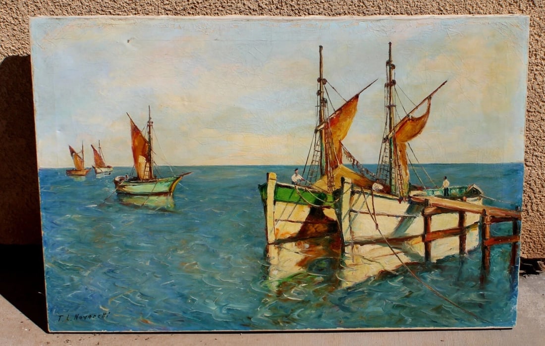 T.L. NOVARETTI Italian Fishing Boats Circa 1940s/1950s oil painting - 3