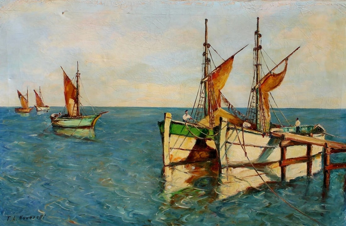 T.L. NOVARETTI Italian Fishing Boats Circa 1940s/1950s oil painting - 4
