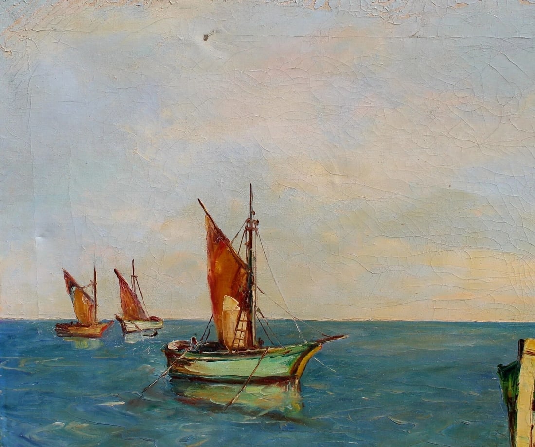 T.L. NOVARETTI Italian Fishing Boats Circa 1940s/1950s oil painting - 5