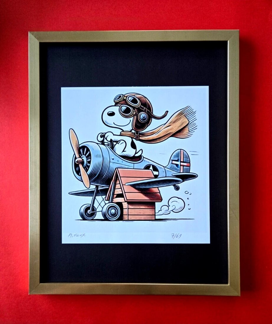 AIDAN FLUX Hand Signed Original LtdED Print Framed SNOOPY AVIATOR COA: This is a one-of-a-kind Hand Signed Authentic Giclee by AIDAN FLUX. From his Famous Series " SNOOPY" The print is 10x8in., measuring framed 14 inches in height and 11 inches in width, it comes framed 