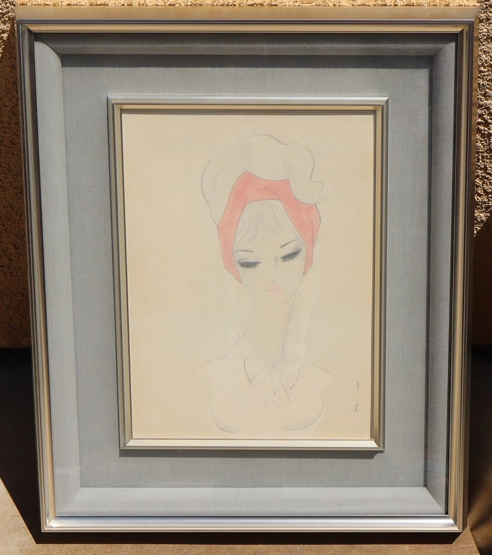 SEIJI TOGO Original mixed media painting of a Lady in a Pink Headdress - 2