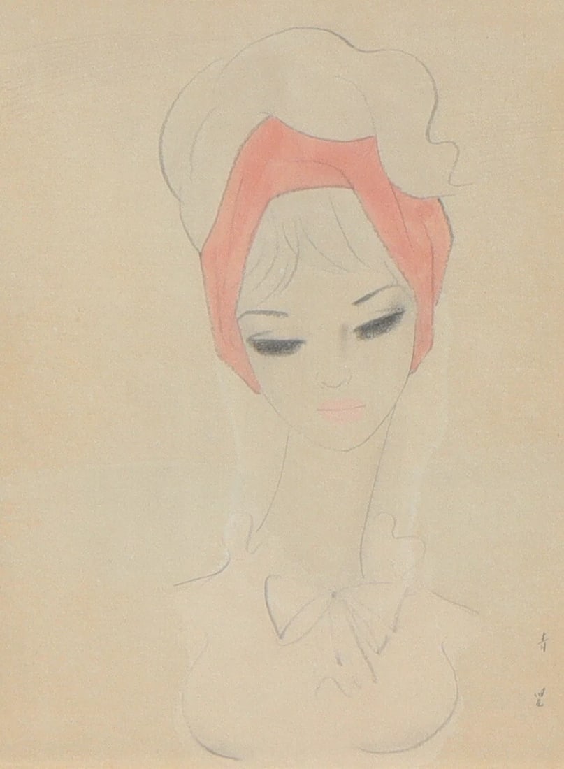 SEIJI TOGO Original mixed media painting of a Lady in a Pink Headdress - 3