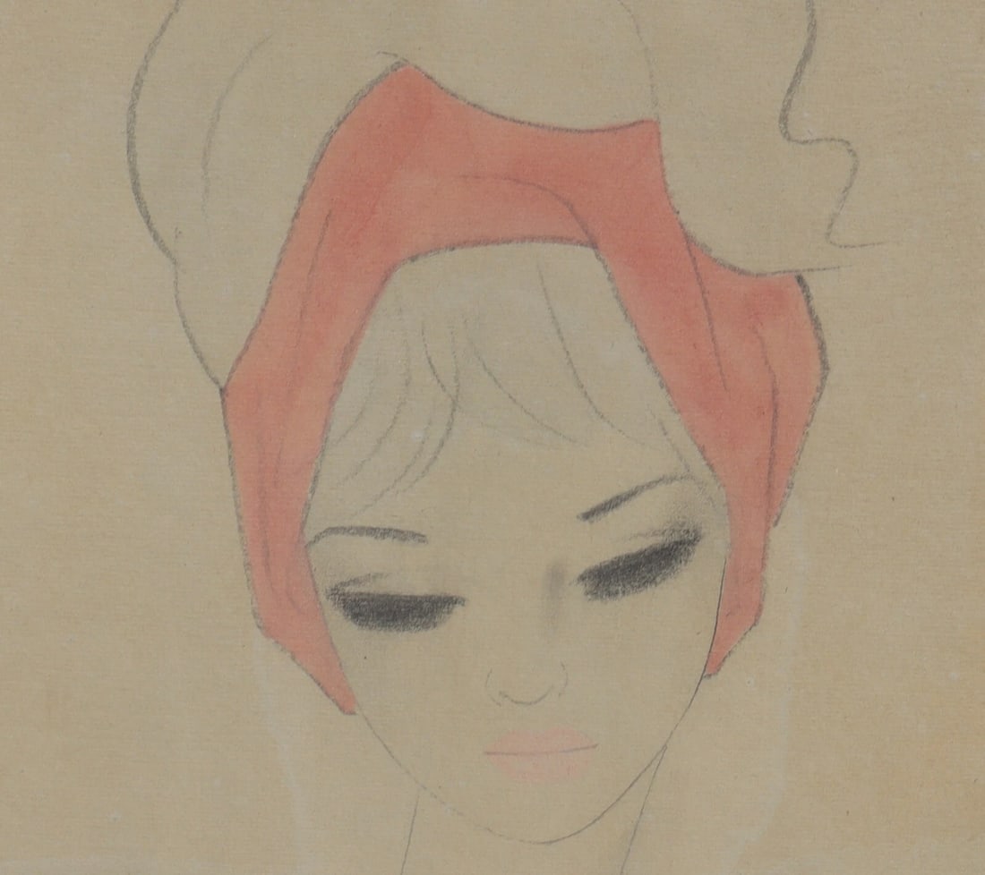 SEIJI TOGO Original mixed media painting of a Lady in a Pink Headdress - 4