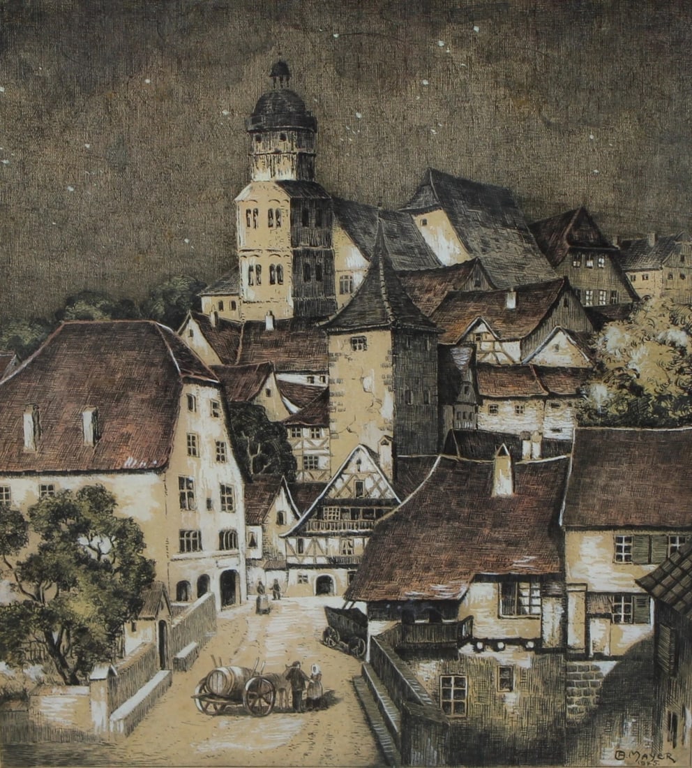 CARL ANTON MAYER Hand Signed Etching Evening in an Austrian Village 1945 - 3