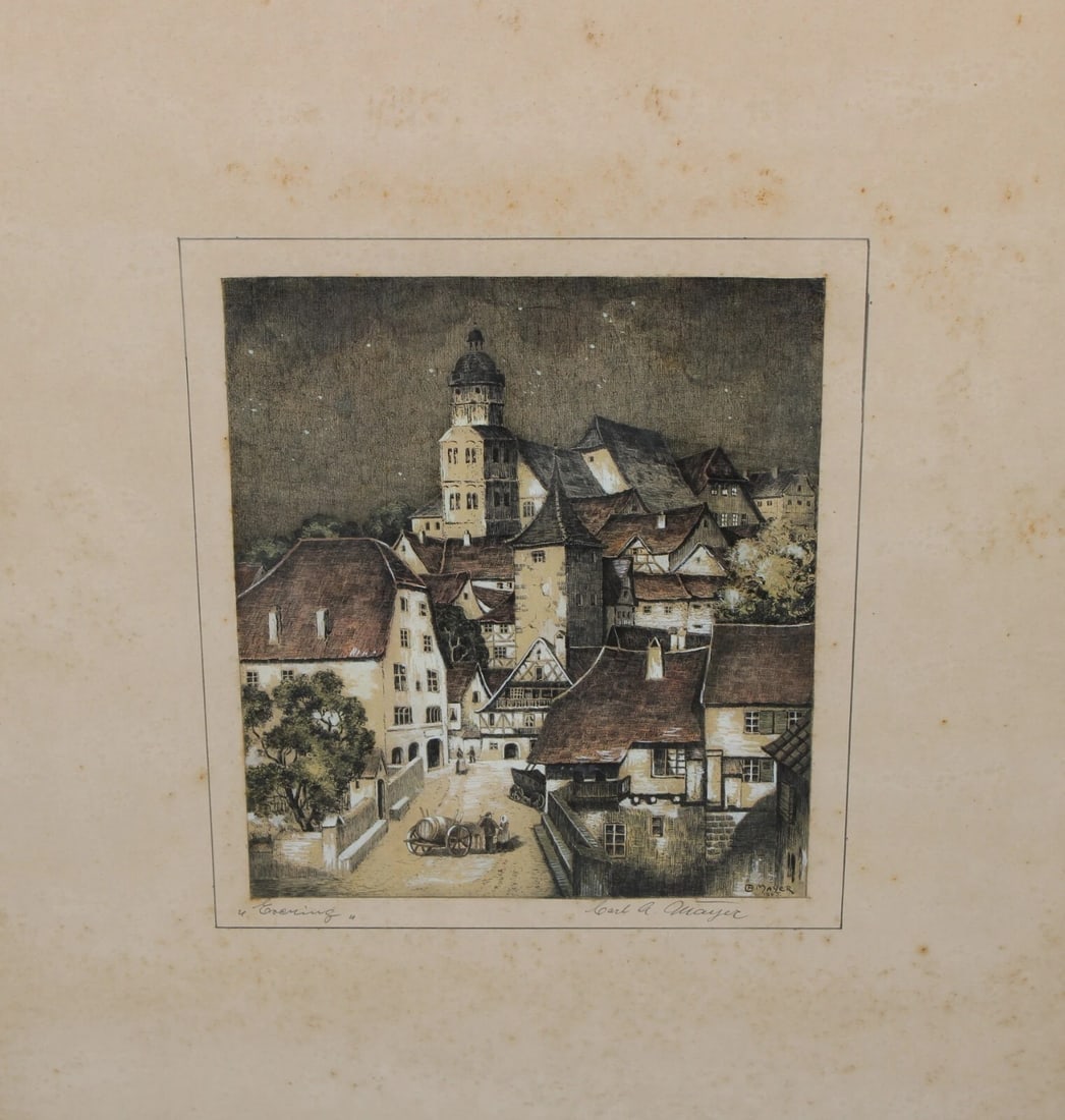 CARL ANTON MAYER Hand Signed Etching Evening in an Austrian Village 1945 - 4