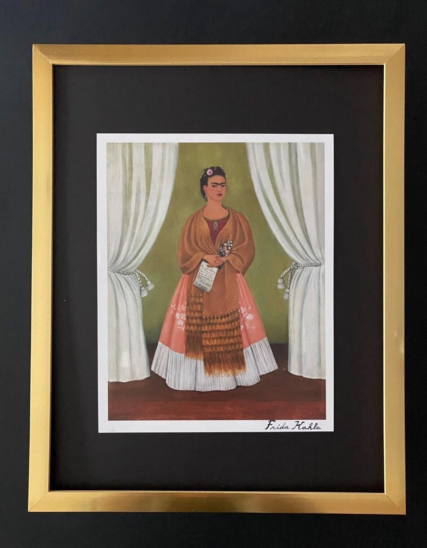 FRIDA KAHLO | Signed Print from Mexico "Self Portrait" + Framed: This is a Stunning and Beautiful Print after Frida Kahlo " Self Portrait " FACSIMILE SIGNATURE IN BLACK INK Mounted in a 11x14in acid free blackboard and Framed covering an area of 15x12in. NEW GOLD
