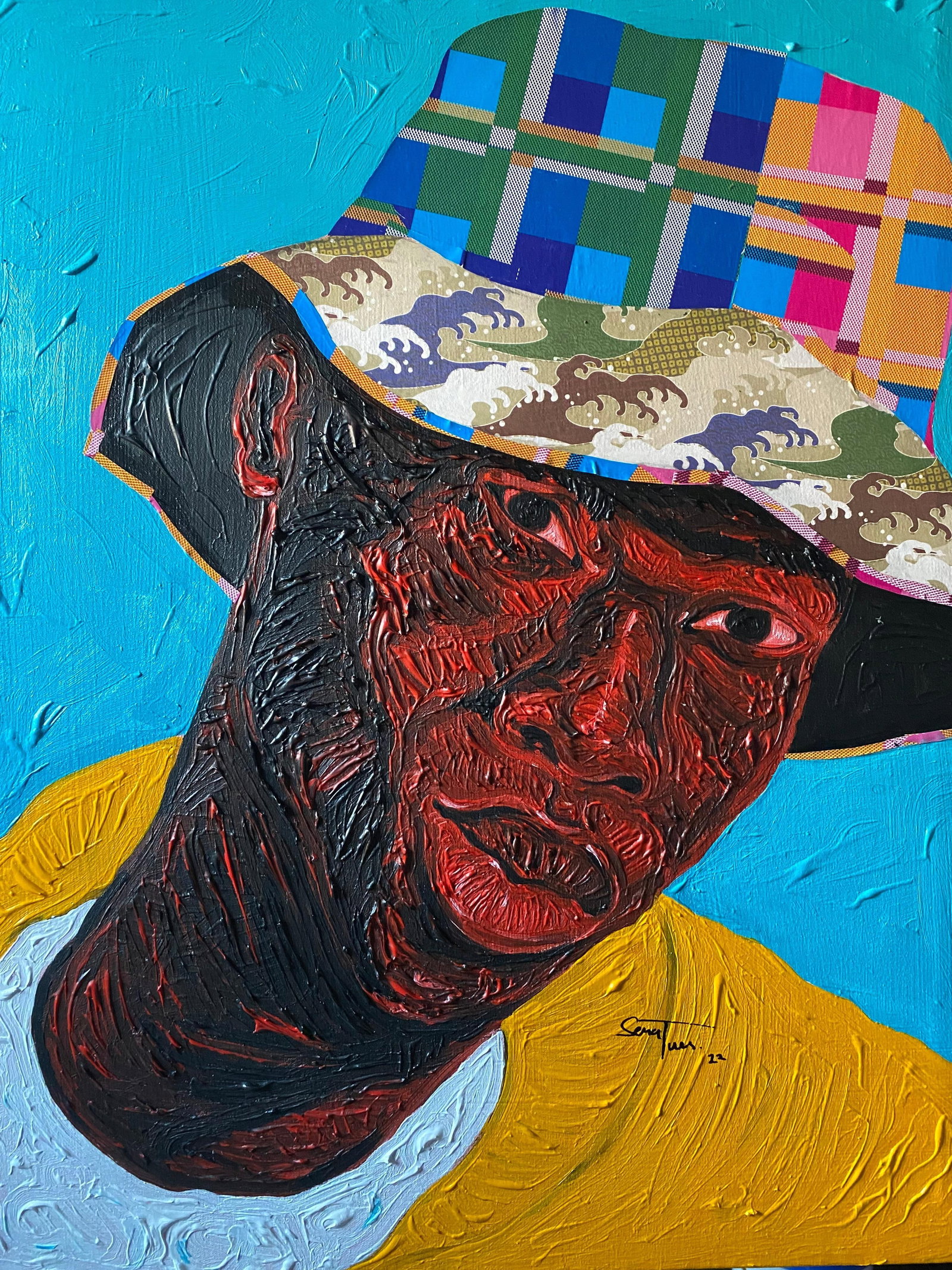 Sena Tues, Life is Elsewhere, 2022: Creator: Sena Tues (1986, Ghanian) Creation Year: 2022 Dimensions: Height: 20 in (50.8 cm)Width: 16 in (40.64 cm)Depth: 1 in (2.54 cm) Medium: Canvas,Acrylic Movement & Style: Contemporary Period: