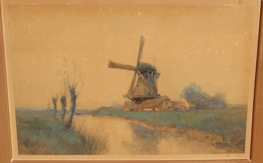 WILLIAM FREDERICK RITSCHEL Turn of Century watercolor Windmill Dutch Landscape - 3