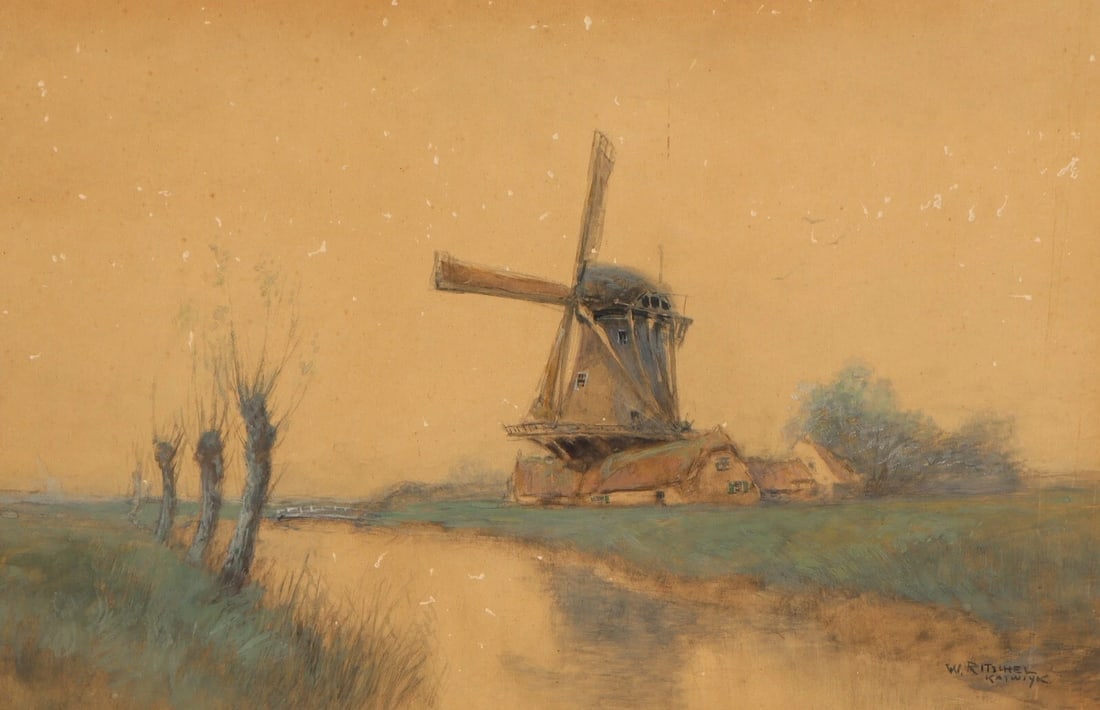 WILLIAM FREDERICK RITSCHEL Turn of Century watercolor Windmill Dutch Landscape - 4