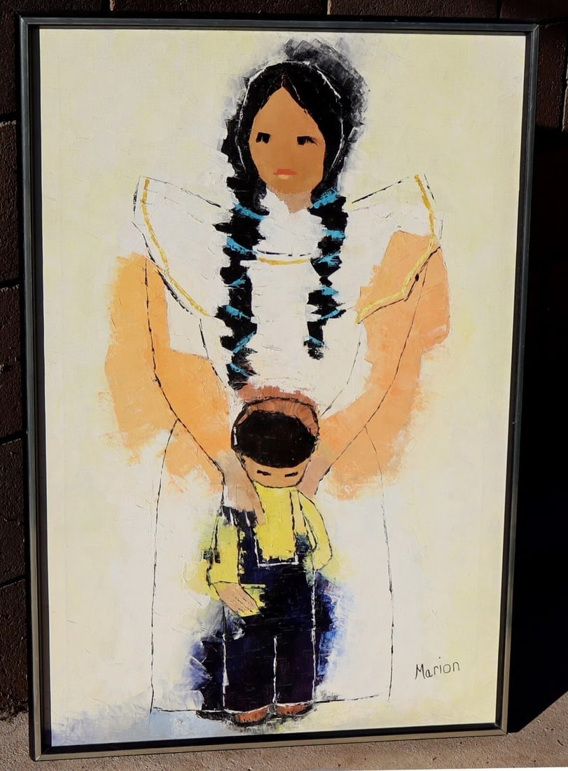 Manner of Ted DeGrazia Native American Mother and Child oil signed Marion (1 of 6)