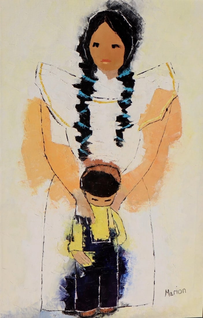 Manner of Ted DeGrazia Native American Mother and Child oil signed Marion - 3