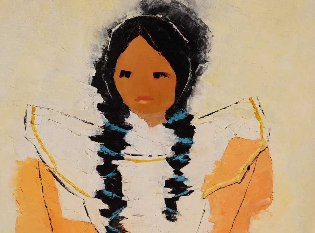 Manner of Ted DeGrazia Native American Mother and Child oil signed Marion - 4