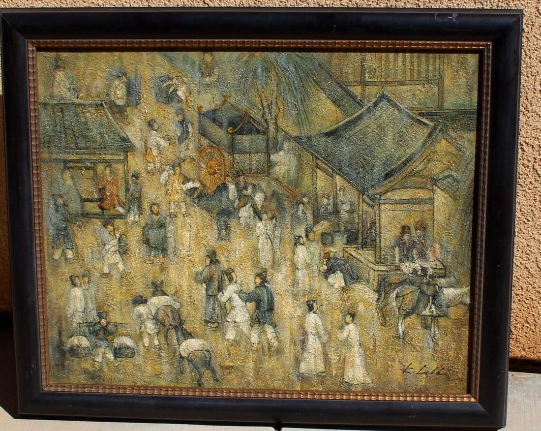 Asian Marketplace Scene oil painting by a Mystery Artist (1 of 6)