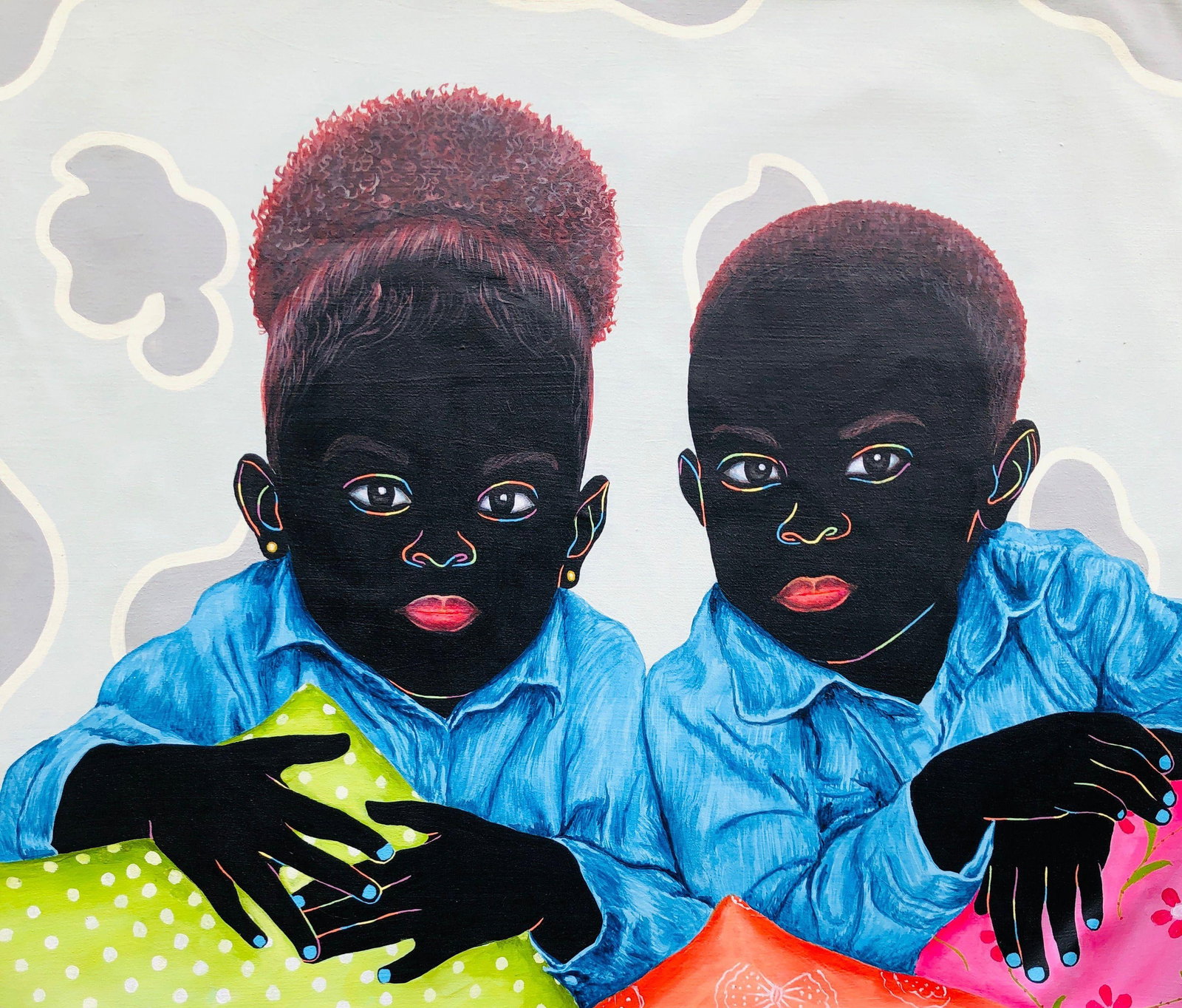 Esther Oyeyemi, Pillow Play, 2022: Creator: Esther Oyeyemi (1995, Nigerian) Creation Year: 2022 Dimensions: Height: 24 in (60.96 cm)Width: 30 in (76.2 cm)Depth: 1 in (2.54 cm) Medium: Canvas,Acrylic Movement & Style: Contemporary