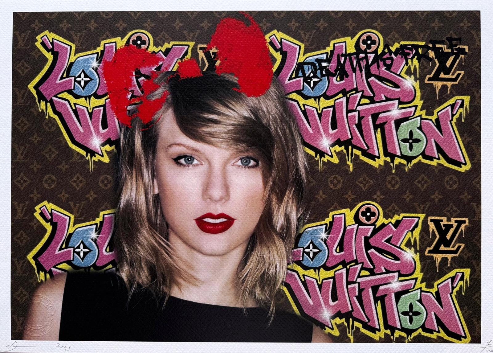 Death NYC Tailor Swift Louis Vuitton: Title:Death NYC Tailor Swift Louis Vuitton Date/Period:21st Century Materials:Giclee on Fine art 300 gsm paper Size:17 3/4 x 12 1/2 inches Description:Artist: Death NYC, limited edition giclee on pape