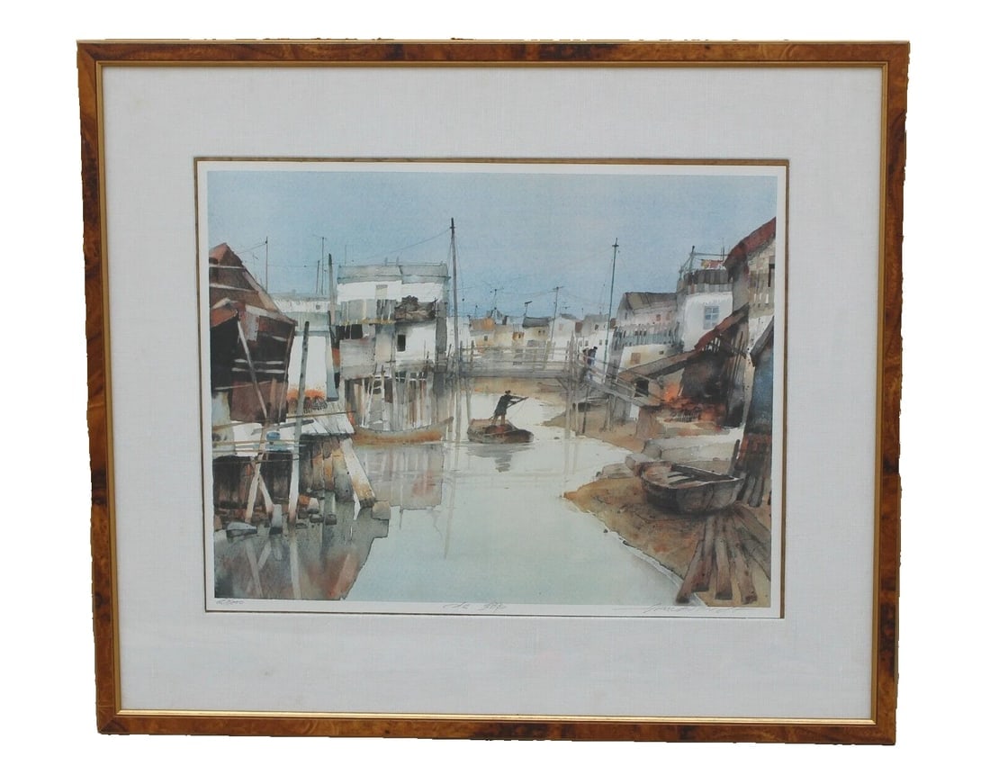 Mystery Asian Artist Lithograph of an Asian Canal with Figure Rowing a Barge - 2