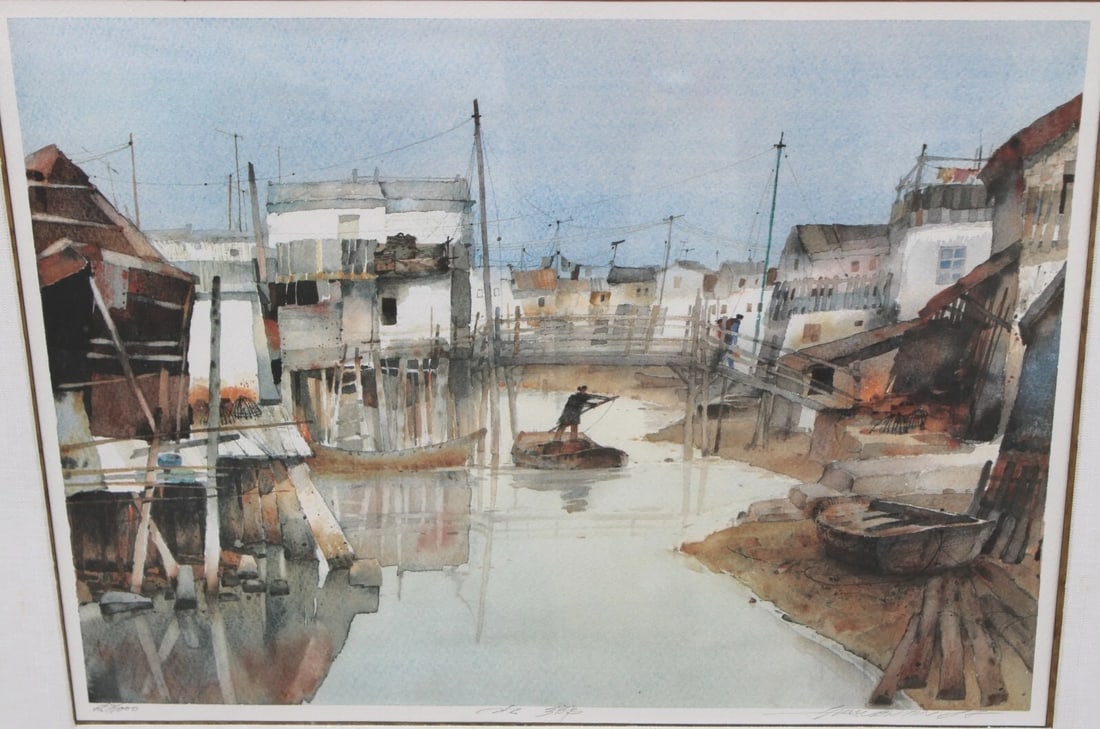 Mystery Asian Artist Lithograph of an Asian Canal with Figure Rowing a Barge - 3