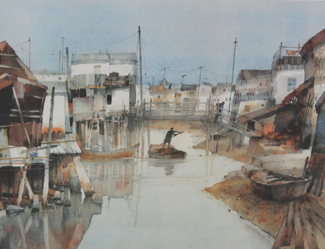 Mystery Asian Artist Lithograph of an Asian Canal with Figure Rowing a Barge - 4