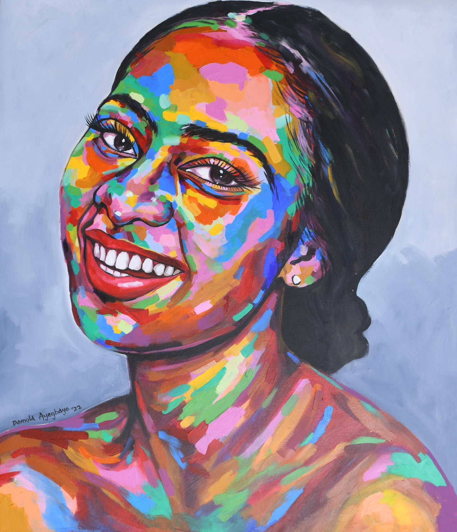 Damola Ayegbayo , Against All Odds 6 -21st Century, Contemporary, Figurative Portrait, Women Laugh,: Creator: Damola Ayegbayo (1987, Nigerian) Creation Year: 2022 Dimensions: Height: 48 in (121.92 cm)Width: 36 in (91.44 cm)Depth: 1 in (2.54 cm) Medium: Canvas,Acrylic Movement & Style: Contemporary