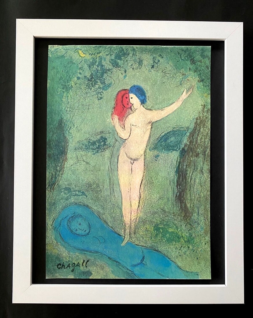 MARC CHAGALL | ORIGINAL VINTAGE 1977 PRINT | SIGNED | MOUNTED AND FRAMED: Beautiful and Scarce Original 1977 Print After Marc Chagall " Cloe and Daphne " Facsimile Signature in Ink Art Print is about 12 X 10 in. This piece is mounted on a 14 x 11 in. black acid free
