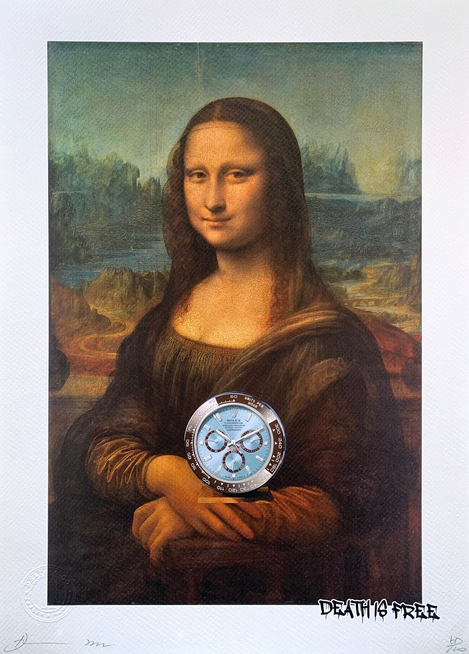 Death NYC Rolex Mona Lisa: Title:Death NYC Rolex Mona Lisa Date/Period:21st Century Materials:Giclee on Fine art 300 gsm paper Size:17 3/4 x 12 1/2 inches Description:Artist: Death NYC, limited edition giclee on paper, out of e